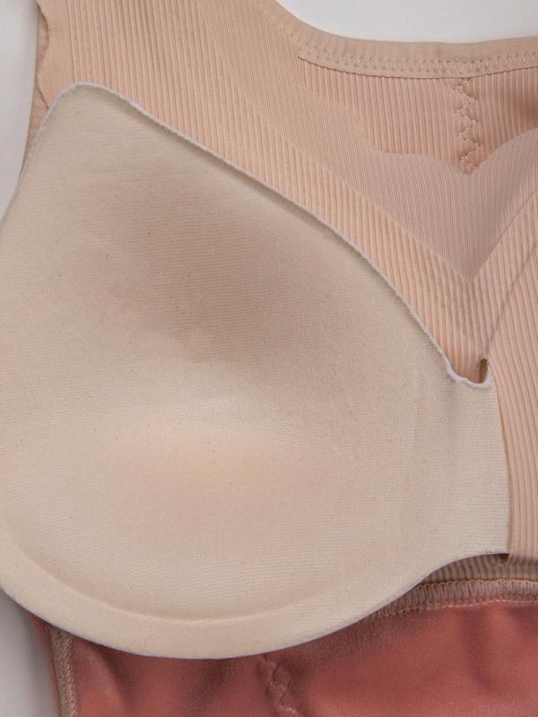 Women's Solid Color Chest Padded Thermal Lined Shapewear Bodysuit, Casual Comfy Scallop Trim Hooks Closure Crotch Tummy Control Butt Lifting Shaper, Women's Shapewear for Fall & Winter